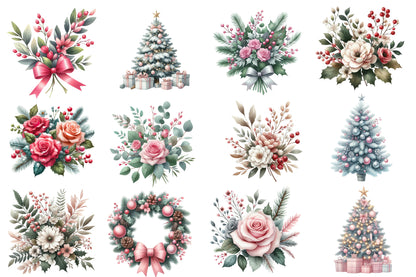 Christmas Floral Clipart PNG Bundle | Watercolor Festive Christmas Flowers Clipart | Holiday Floral Sublimation PNG