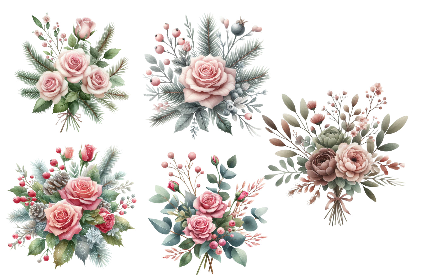 Christmas Floral Clipart PNG Bundle | Watercolor Festive Christmas Flowers Clipart | Holiday Floral Sublimation PNG