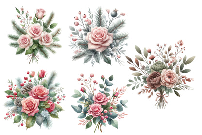 Christmas Floral Clipart PNG Bundle | Watercolor Festive Christmas Flowers Clipart | Holiday Floral Sublimation PNG
