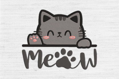 Meow Cat Embroidery Design – Cute Kitty Machine Embroidery Pattern, Adorable Cat Embroidery Design