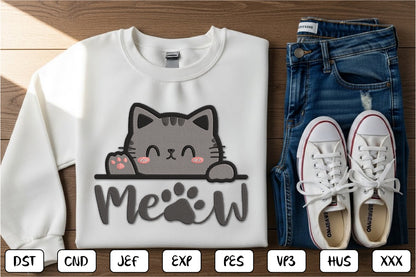 Meow Cat Embroidery Design – Cute Kitty Machine Embroidery Pattern, Adorable Cat Embroidery Design