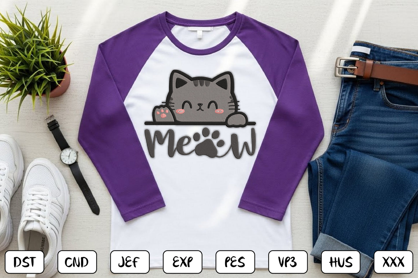 Meow Cat Embroidery Design – Cute Kitty Machine Embroidery Pattern, Adorable Cat Embroidery Design