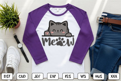Meow Cat Embroidery Design – Cute Kitty Machine Embroidery Pattern, Adorable Cat Embroidery Design