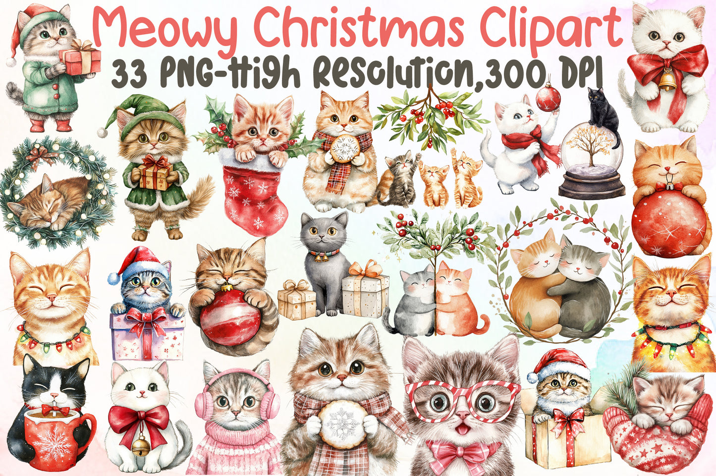Meowy Christmas Cat Clipart Cute Holiday PNG Bundle