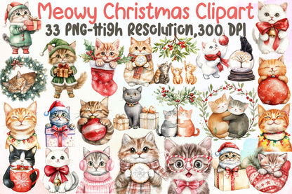 Meowy Christmas Cat Clipart Cute Holiday PNG Bundle