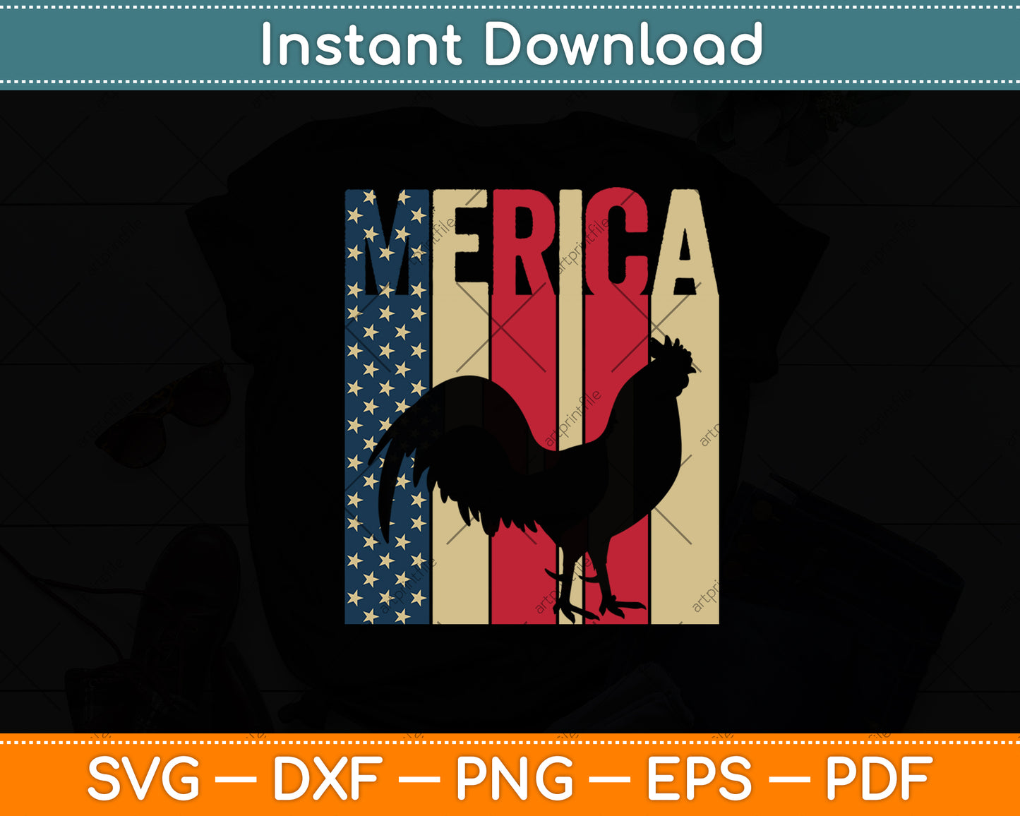 Merica American Flag Chicken 4th Of July Rooster Svg Digital Cutting File