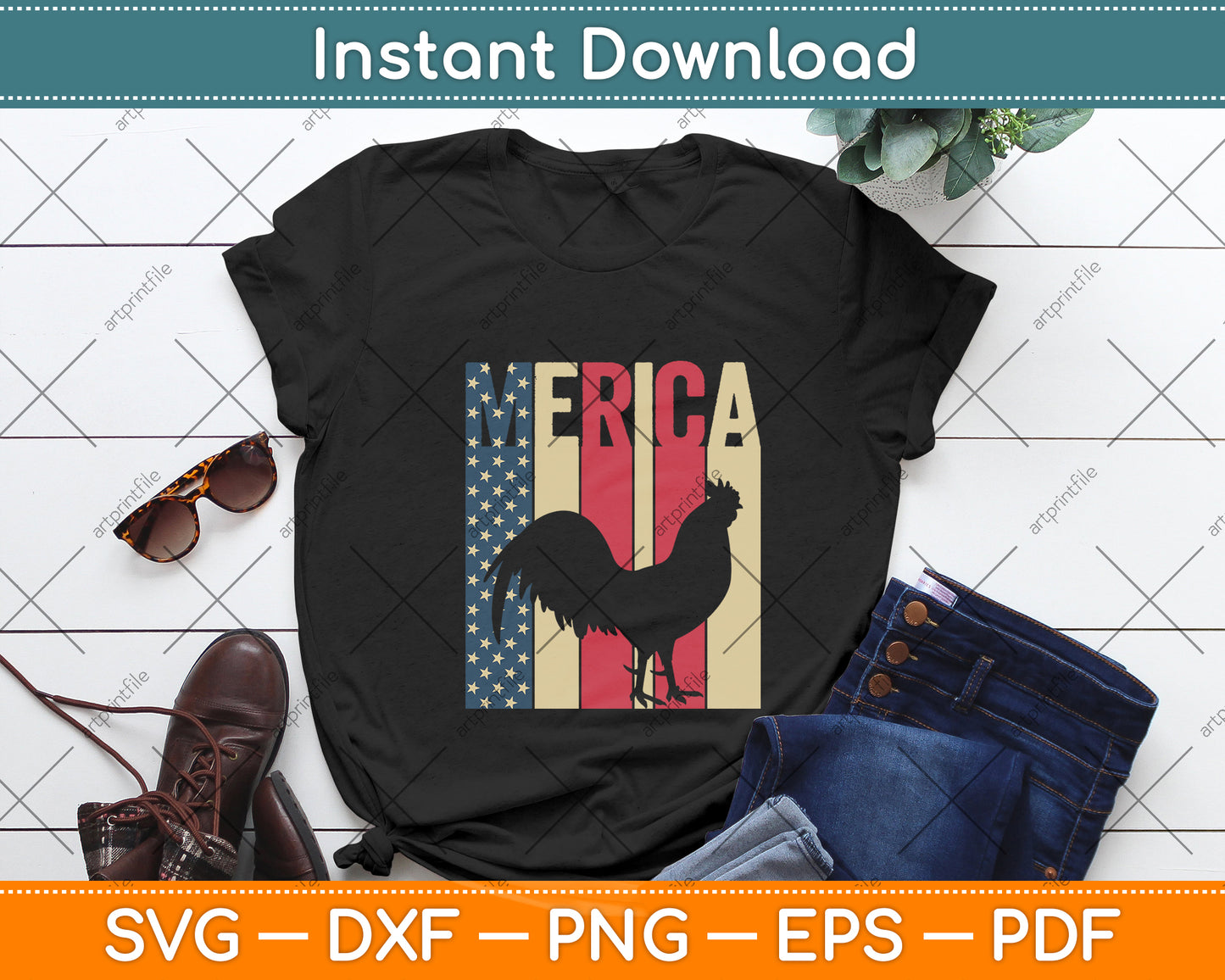 Merica American Flag Chicken 4th Of July Rooster Svg Digital Cutting File