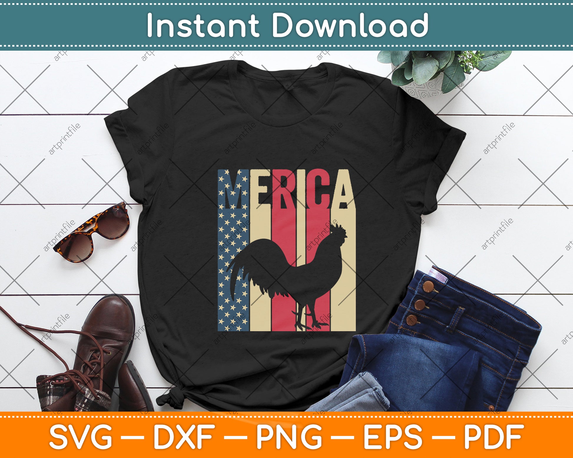 Merica American Flag Chicken 4th Of July Rooster Svg Digital Cutting File