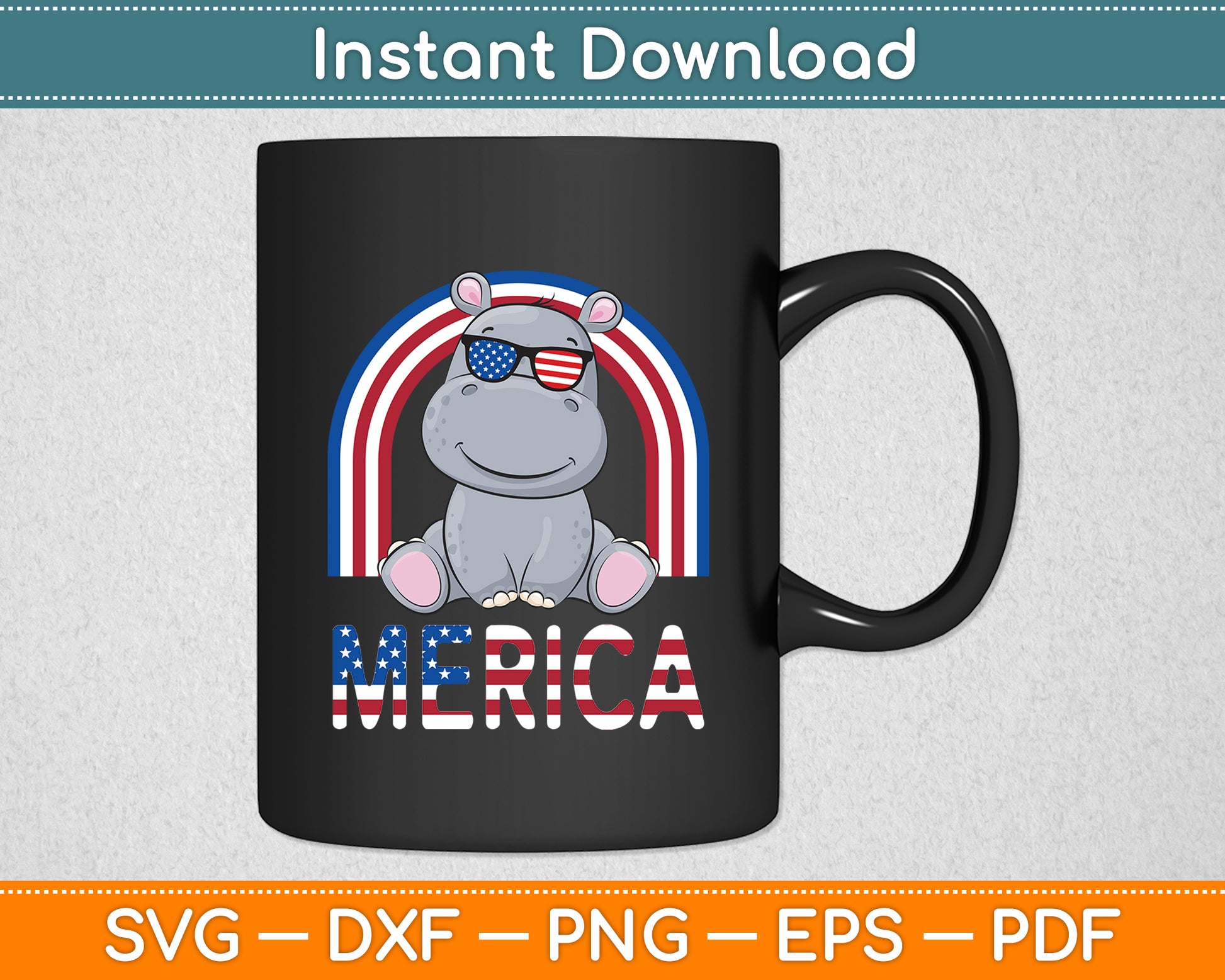 Merica Hippopotamus American Flag 4th of July Hippo Svg Png Dxf Digital Cutting File