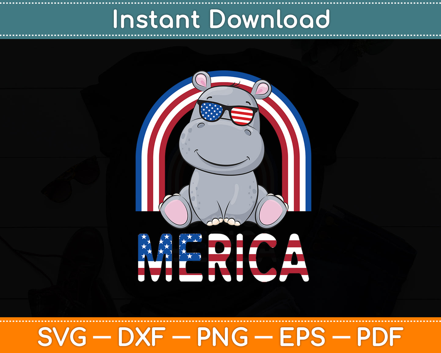 Merica Hippopotamus American Flag 4th of July Hippo Svg Png Dxf Digital Cutting File