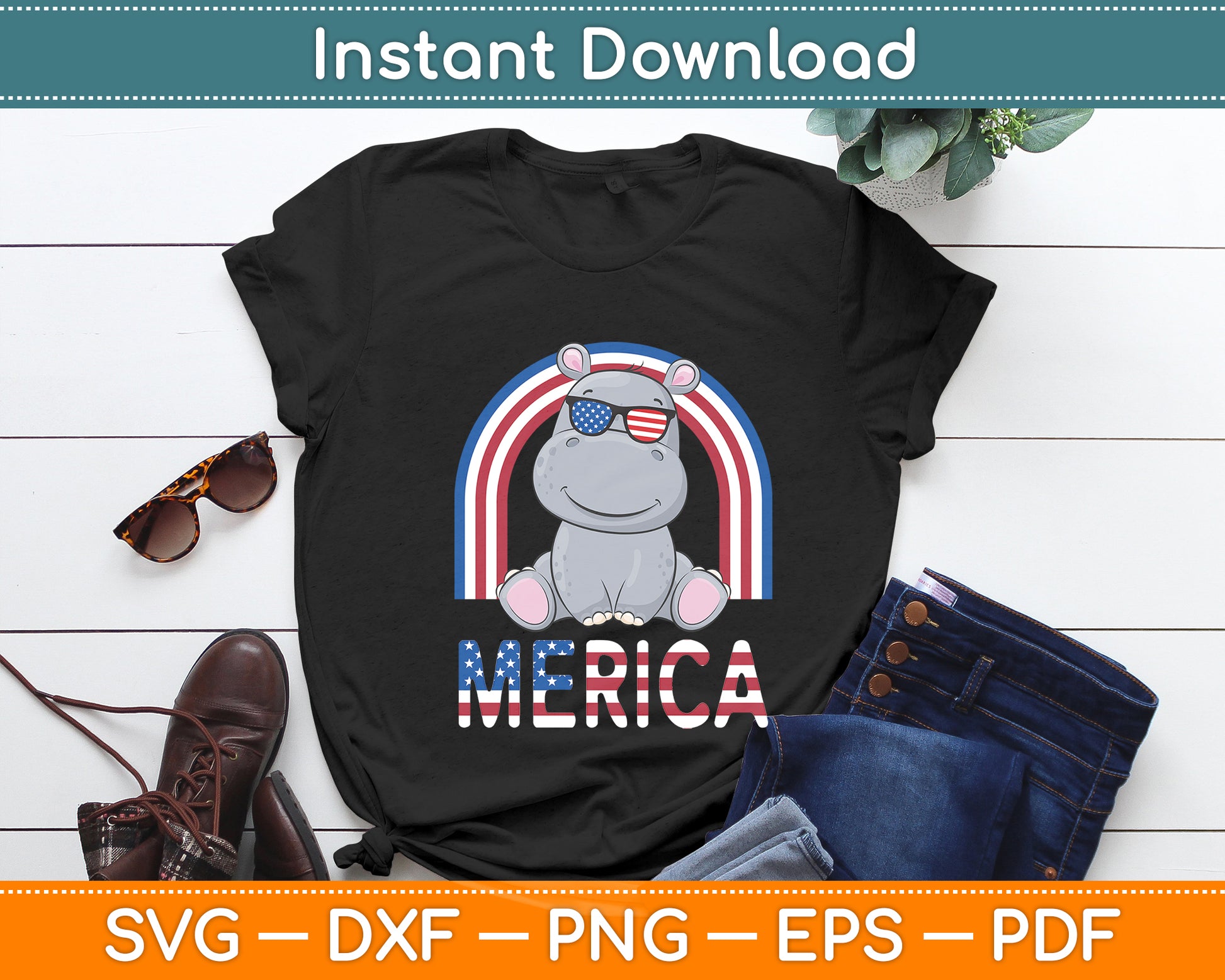 Merica Hippopotamus American Flag 4th of July Hippo Svg Png Dxf Digital Cutting File