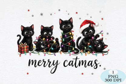 Merry Catmas Black Cat Family PNG