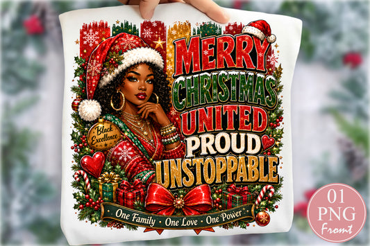 Merry Christmas United Proud Unstoppable Afro Black Girl PNG Sublimation Design