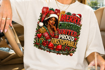 Merry Christmas United Proud Unstoppable Afro Black Girl PNG Sublimation Design