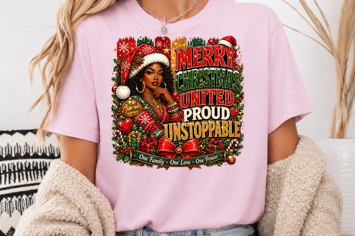 Merry Christmas United Proud Unstoppable Afro Black Girl PNG Sublimation Design