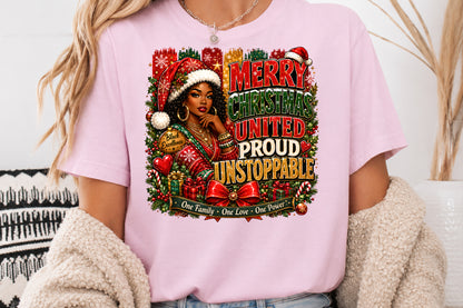 Merry Christmas United Proud Unstoppable Afro Black Girl PNG Sublimation Design