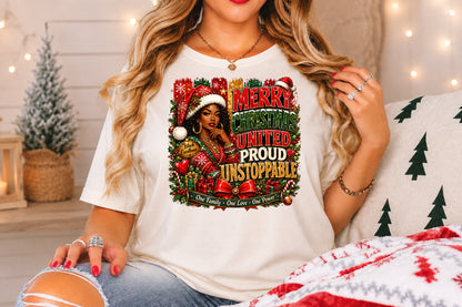 Merry Christmas United Proud Unstoppable Afro Black Girl PNG Sublimation Design