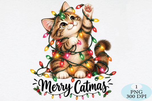 Merry Catmas Christmas Cat Lights PNG