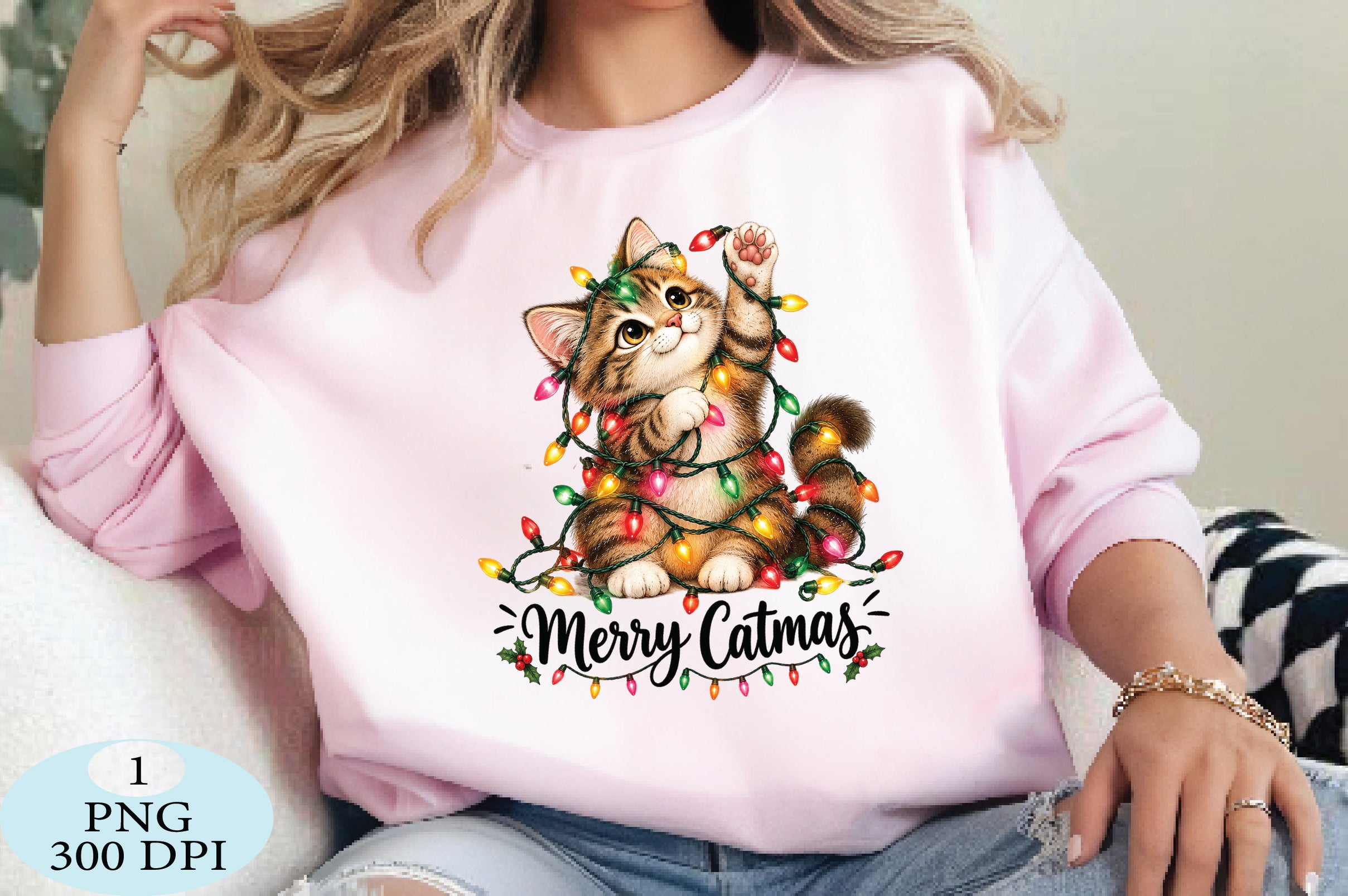 Merry Catmas Christmas Cat Lights PNG – ArtPrintFile