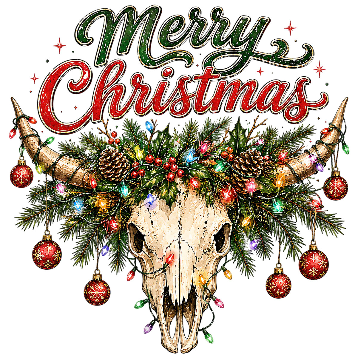 Merry Christmas Cow Skull Western PNG