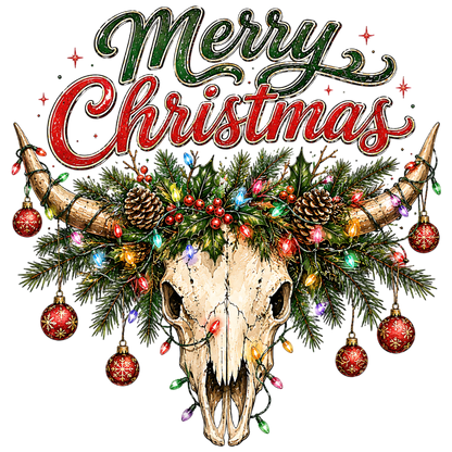 Merry Christmas Cow Skull Western PNG
