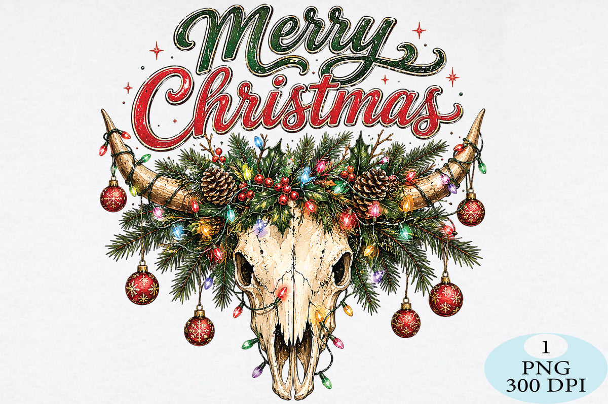 Merry Christmas Cow Skull Western PNG