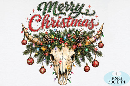 Merry Christmas Cow Skull Western PNG