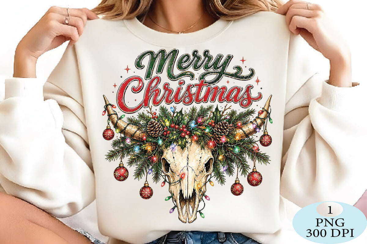 Merry Christmas Cow Skull Western PNG