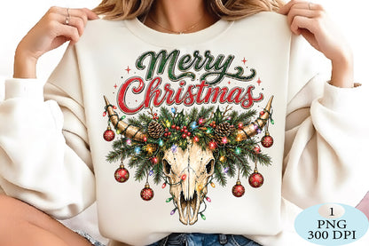 Merry Christmas Cow Skull Western PNG