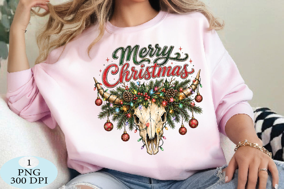 Merry Christmas Cow Skull Western PNG