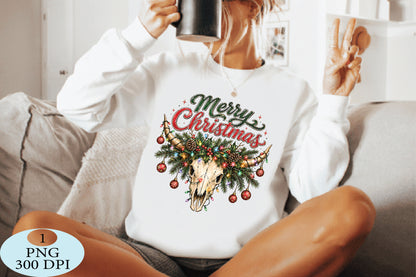 Merry Christmas Cow Skull Western PNG