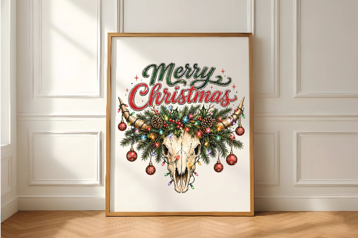 Merry Christmas Cow Skull Western PNG