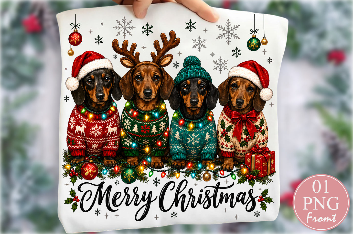 Merry Christmas Dachshund Dogs PNG Cute Christmas Dog Sublimation Design
