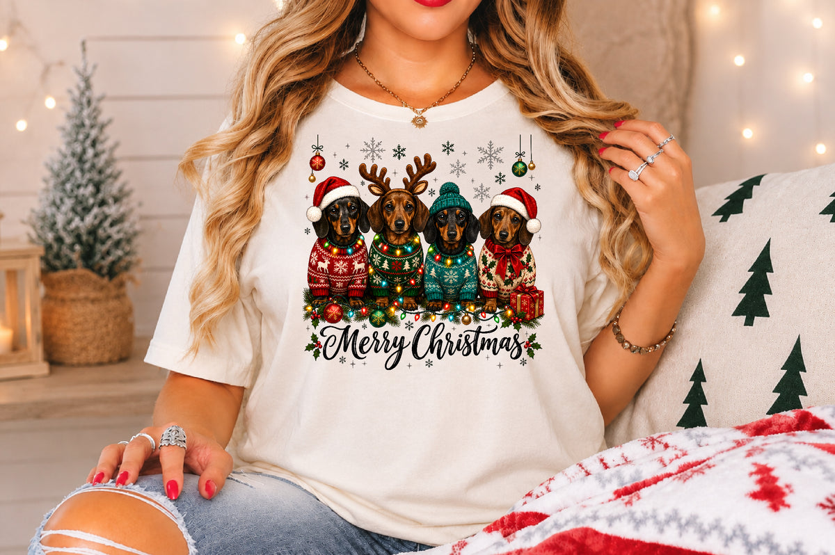 Merry Christmas Dachshund Dogs PNG Cute Christmas Dog Sublimation Design
