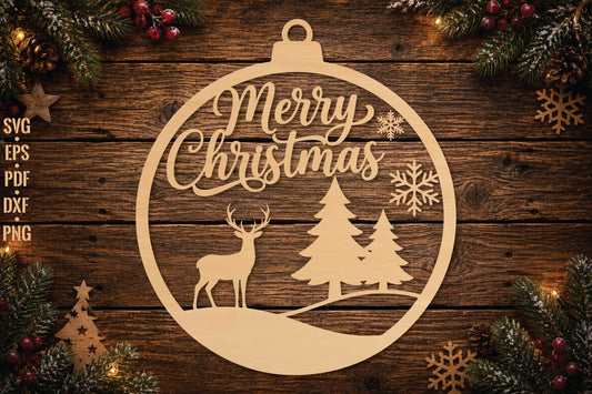 Merry Christmas Deer Ornament Laser Cut SVG, Christmas Deer Tree Ornament Cut File