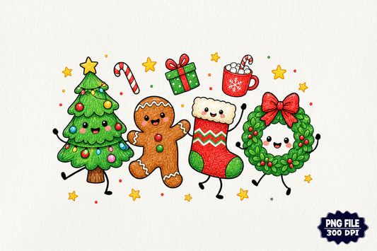 Merry Christmas Doodle Characters PNG Cute Holiday Sublimation
