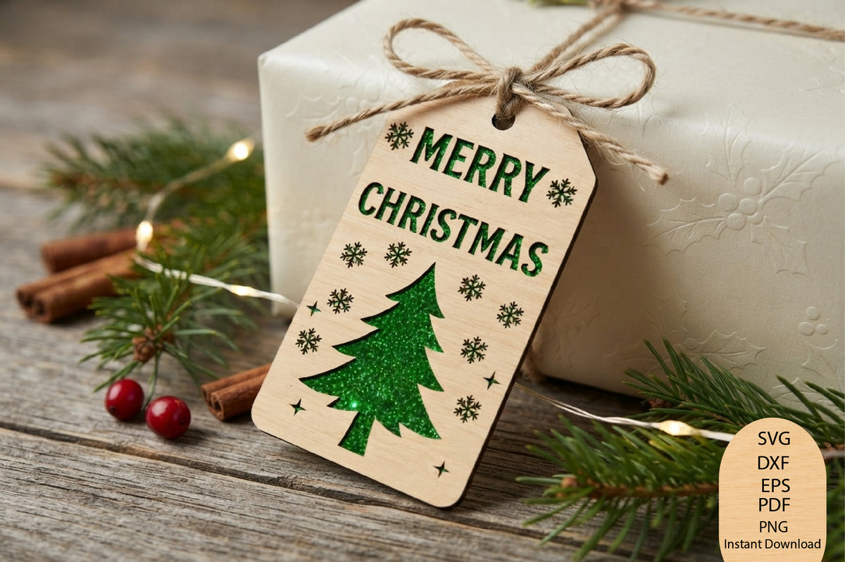 Merry Christmas Gift Tag Laser Cut SVG, Christmas Tree Gift Tag Cut File