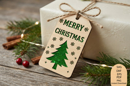 Merry Christmas Gift Tag Laser Cut SVG, Christmas Tree Gift Tag Cut File