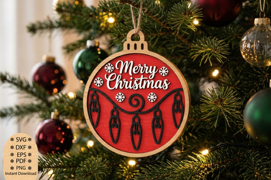 Merry Christmas Light Ornament Laser Cut SVG, Christmas Light Ornament Cut File, Holiday Bulb Ornament SVG