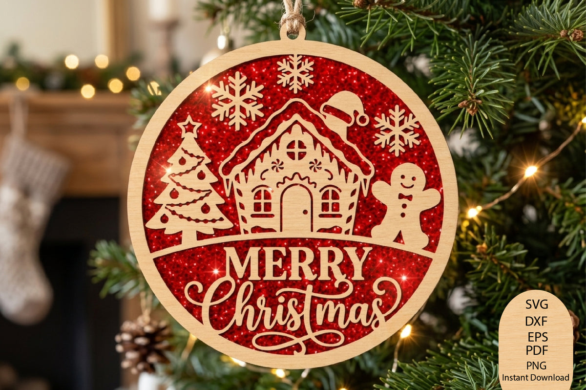 Merry Christmas Ornament Laser Cut SVG, Christmas Tree Gingerbread House Ornament Cut File