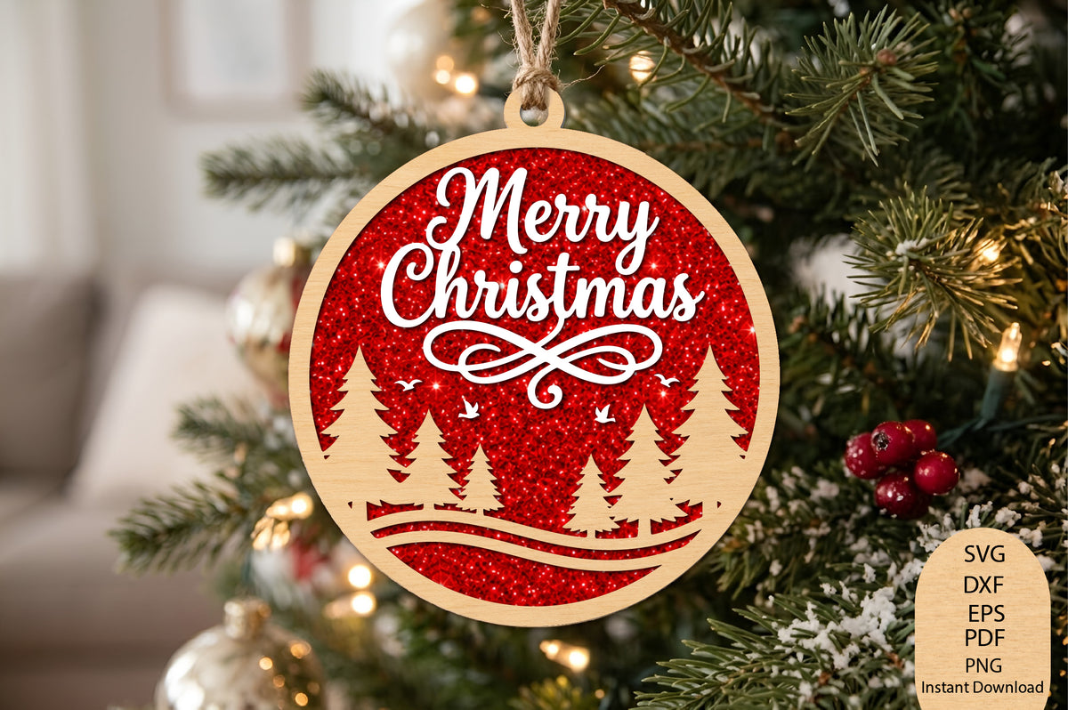 Merry Christmas Ornament Laser Cut SVG, Christmas Ornament Cut File, Holiday Tree Ornament SVG, Christmas Decor