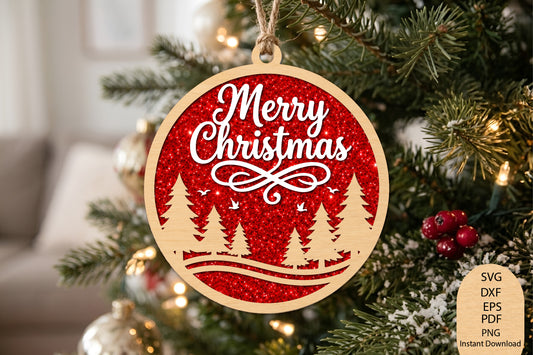 Merry Christmas Ornament Laser Cut SVG, Christmas Ornament Cut File, Holiday Tree Ornament SVG, Christmas Decor