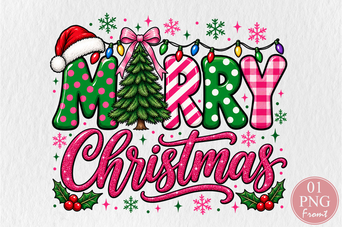 Merry Christmas PNG Pink Glitter Christmas Tree Holiday Sublimation Design