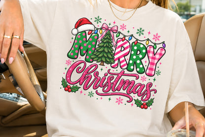 Merry Christmas PNG Pink Glitter Christmas Tree Holiday Sublimation Design