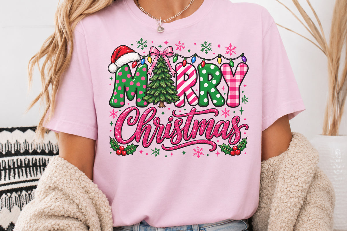 Merry Christmas PNG Pink Glitter Christmas Tree Holiday Sublimation Design