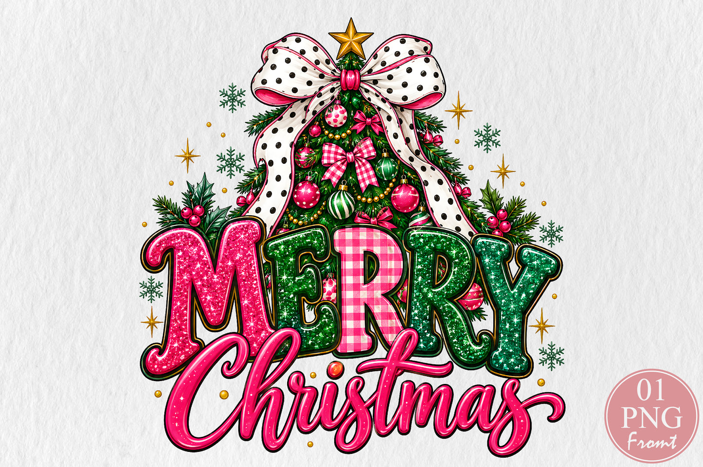 Merry Christmas Pink Glitter PNG Sublimation