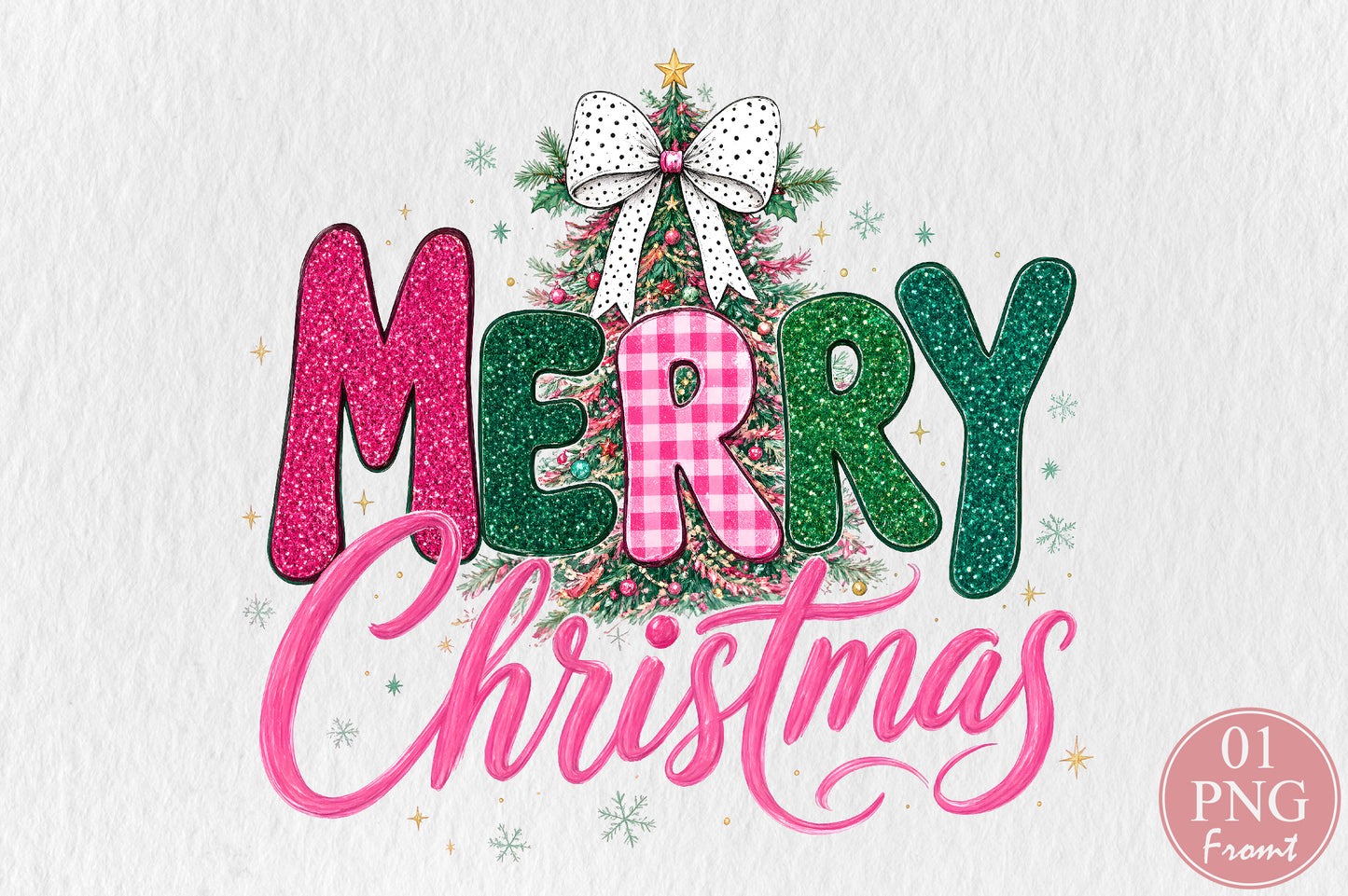 Merry Christmas Pink Glitter PNG Sublimation