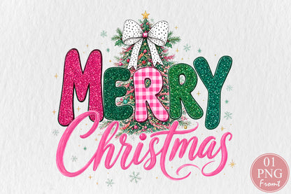 Merry Christmas Pink Glitter PNG Sublimation