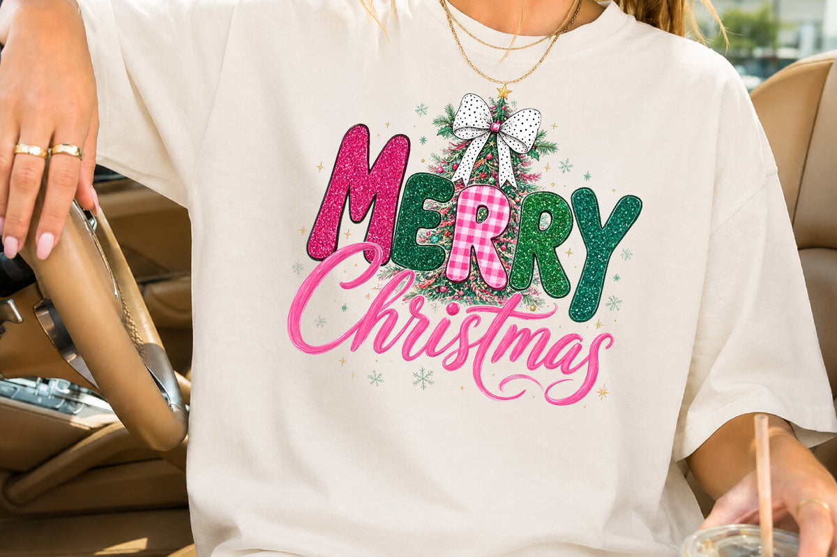 Merry Christmas Pink Glitter PNG Sublimation