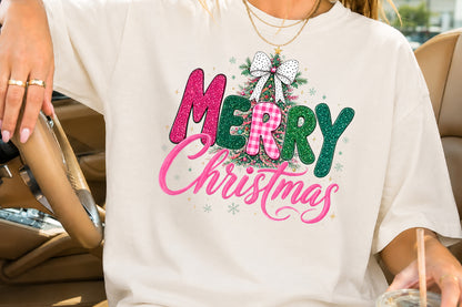Merry Christmas Pink Glitter PNG Sublimation